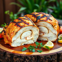 A beautifully grilled chicken, stuffed, displayed cut open lengthwise, showing off its juicy filling