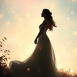 A serene and ethereal scene showcasing the beautiful silhouette of a woman in a flowing dress, surrounded by soft, enchanting lights