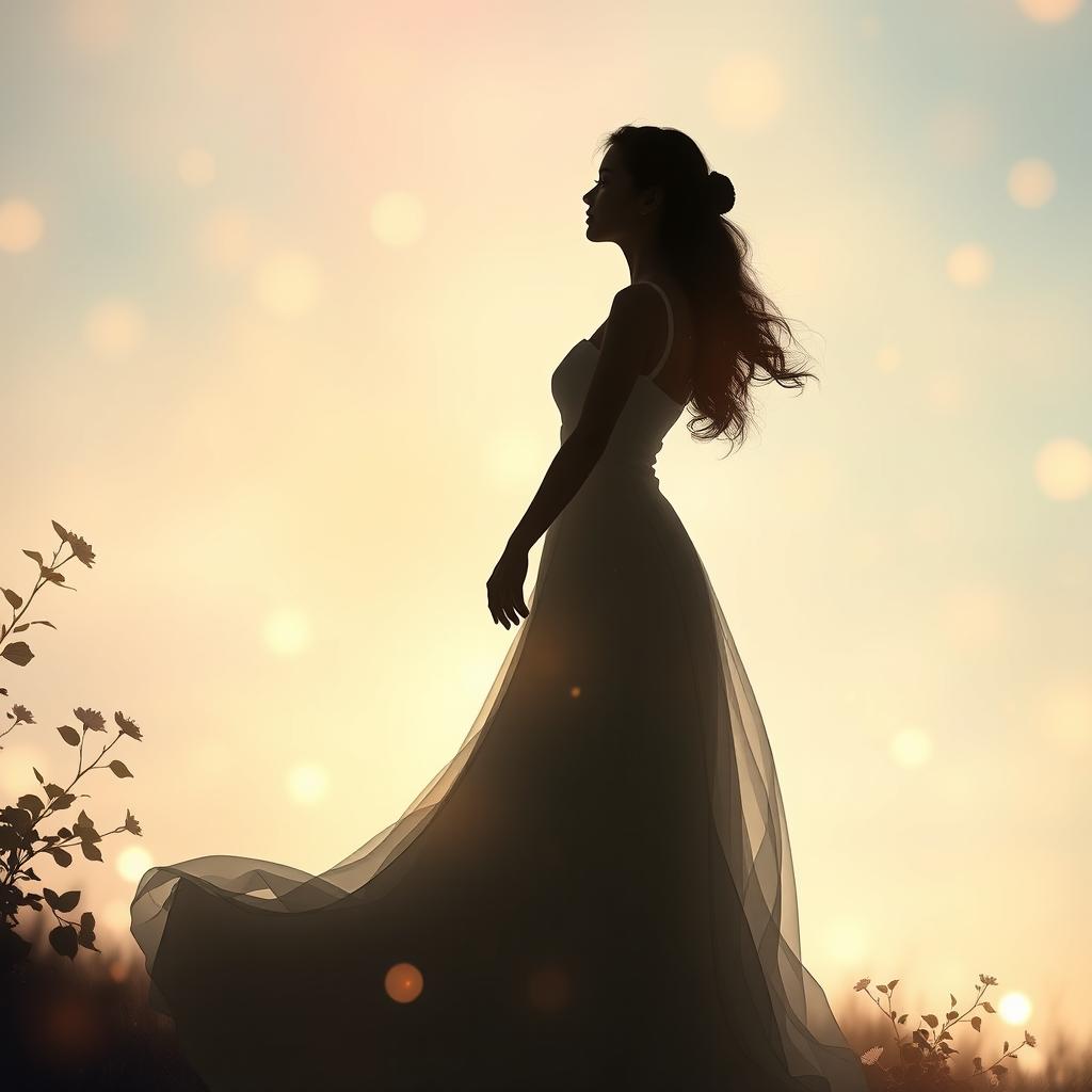 A serene and ethereal scene showcasing the beautiful silhouette of a woman in a flowing dress, surrounded by soft, enchanting lights