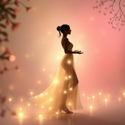 A serene and ethereal scene showcasing the beautiful silhouette of a woman in a flowing dress, surrounded by soft, enchanting lights