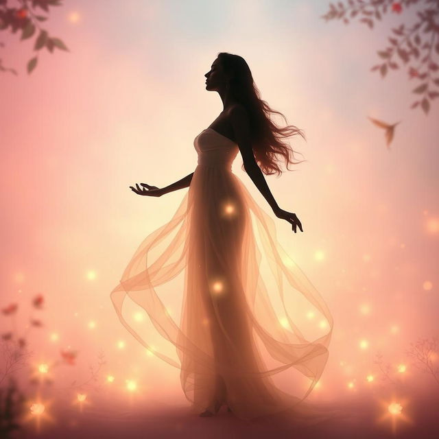 A serene and ethereal scene showcasing the beautiful silhouette of a woman in a flowing dress, surrounded by soft, enchanting lights