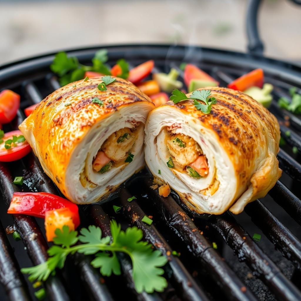 A grilled stuffed chicken halved lengthwise, showcasing the juicy filling