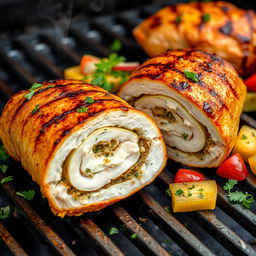 A grilled stuffed chicken halved lengthwise, showcasing the juicy filling