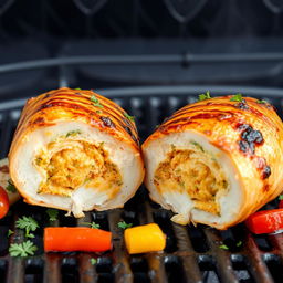 A grilled stuffed chicken halved lengthwise, showcasing the juicy filling