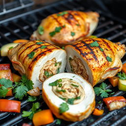 A grilled stuffed chicken halved lengthwise, showcasing the juicy filling