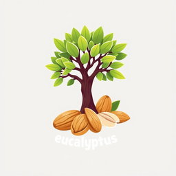 A stylized logo design featuring a realistic eucalyptus tree alongside almonds