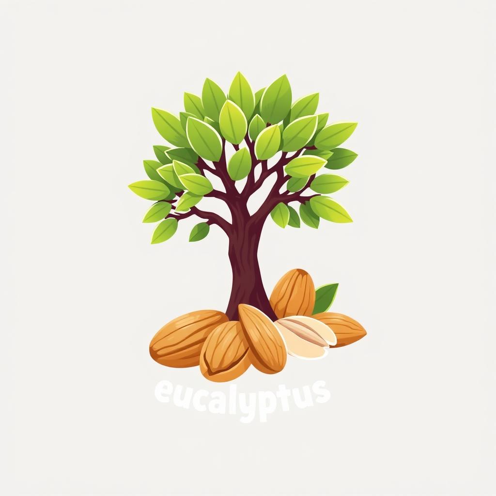 A stylized logo design featuring a realistic eucalyptus tree alongside almonds