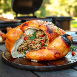 A beautifully roasted whole chicken, stuffed with quinoa, opened lengthwise to showcase its appetizing filling