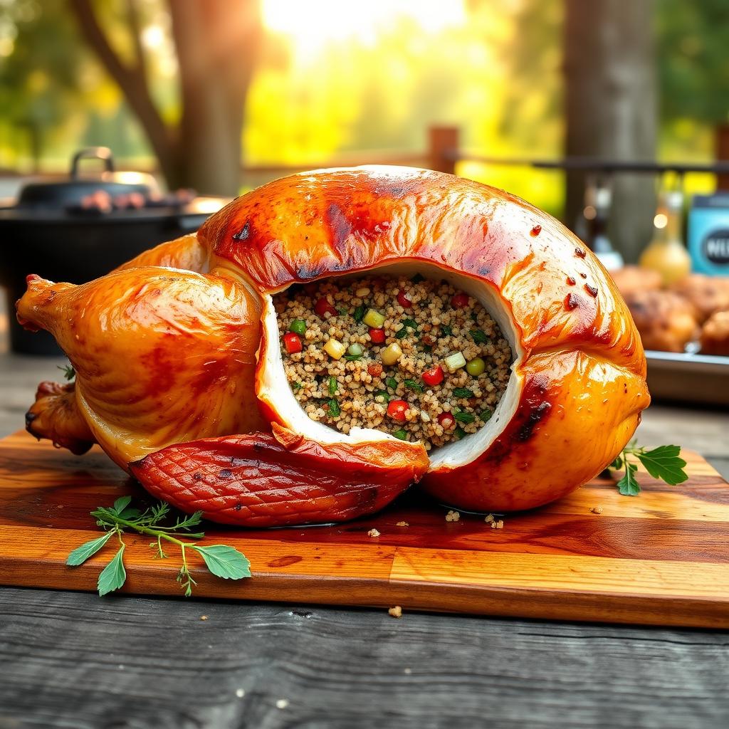 A beautifully roasted whole chicken, stuffed with quinoa, opened lengthwise to showcase its appetizing filling