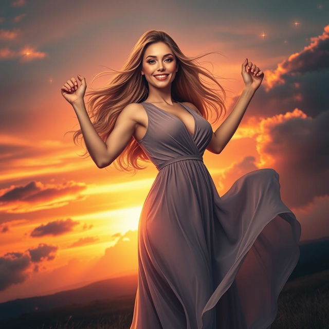 A vibrant and captivating depiction of a woman confidently standing in an empowering pose against a dramatic sunset backdrop