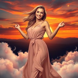 A vibrant and captivating depiction of a woman confidently standing in an empowering pose against a dramatic sunset backdrop