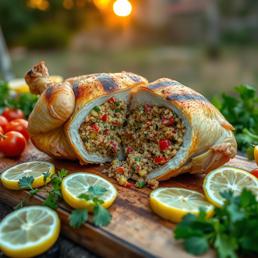 A whole grilled chicken stuffed with quinoa, artistically presented, split open lengthwise to showcase the vibrant and delicious quinoa filling
