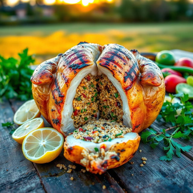 A whole grilled chicken stuffed with quinoa, artistically presented, split open lengthwise to showcase the vibrant and delicious quinoa filling