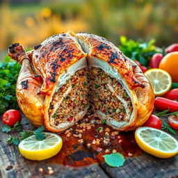 A whole grilled chicken stuffed with quinoa, artistically presented, split open lengthwise to showcase the vibrant and delicious quinoa filling