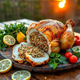 A whole grilled chicken stuffed with quinoa, artistically presented, split open lengthwise to showcase the vibrant and delicious quinoa filling