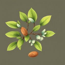 A logo-style illustration featuring realistic eucalyptus branches intricately detailed, intertwining with a few almonds placed artfully beside them