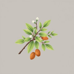A logo-style illustration featuring realistic eucalyptus branches intricately detailed, intertwining with a few almonds placed artfully beside them