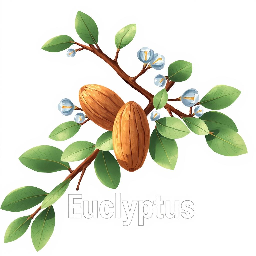 A logo-style illustration featuring realistic eucalyptus branches intricately detailed, intertwining with a few almonds placed artfully beside them