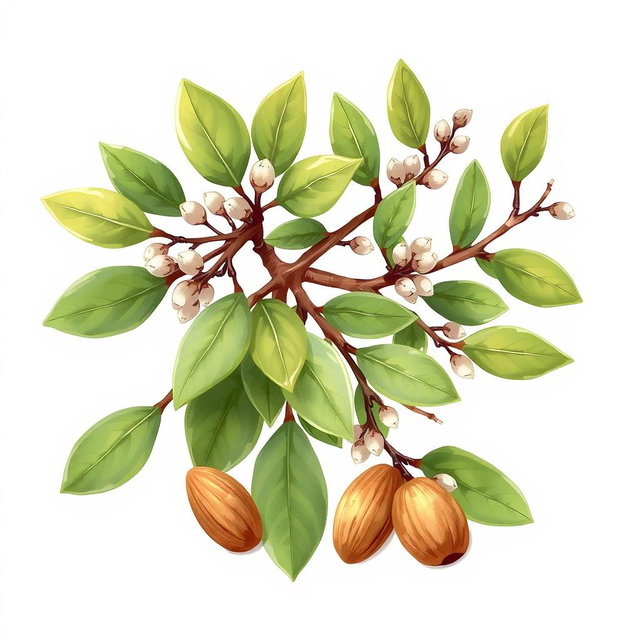 A logo-style illustration featuring realistic eucalyptus branches intricately detailed, intertwining with a few almonds placed artfully beside them