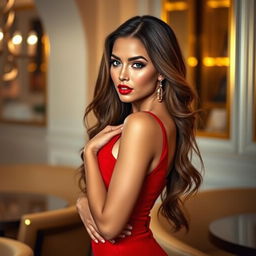 A captivating and glamorous model posing in a stylish, luxurious setting