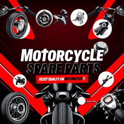 A vibrant advertisement post for motorcycle spare parts, featuring bold colors of red, black, and white