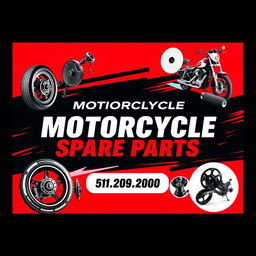 A vibrant advertisement post for motorcycle spare parts, featuring bold colors of red, black, and white