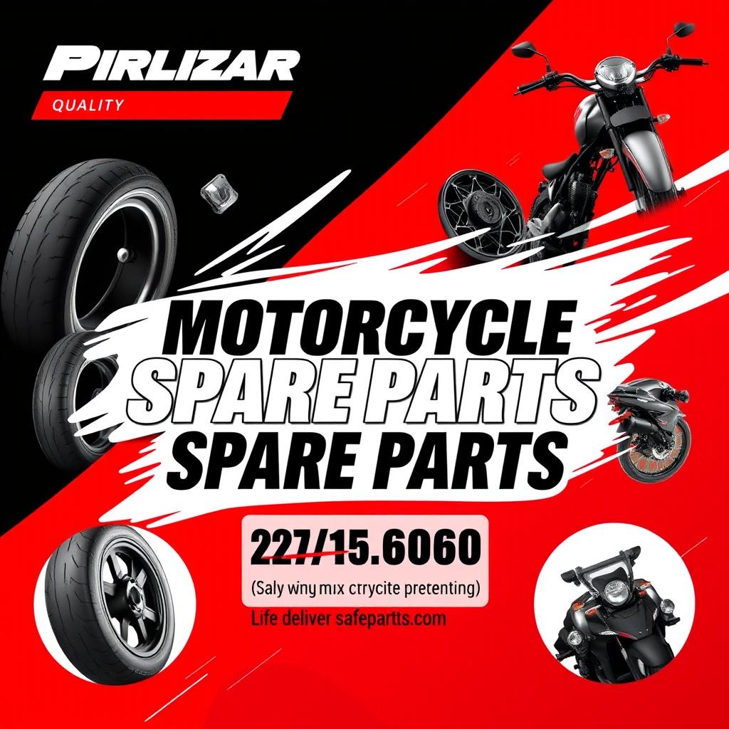 A vibrant advertisement post for motorcycle spare parts, featuring bold colors of red, black, and white