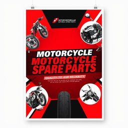 A vibrant advertisement post for motorcycle spare parts, featuring bold colors of red, black, and white
