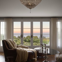 A luxurious home interior showcasing a well-balanced mix of modern and vintage decor, radiant lighting, and a stunning view through the French windows