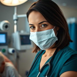 A close-up portrait of a female nurse in a hospital setting, wearing scrubs and a surgical mask, with a caring expression as she tends to a patient