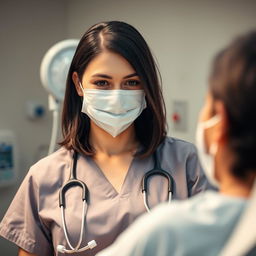 A close-up portrait of a female nurse in a hospital setting, wearing scrubs and a surgical mask, with a caring expression as she tends to a patient