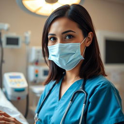 A close-up portrait of a female nurse in a hospital setting, wearing scrubs and a surgical mask, with a caring expression as she tends to a patient