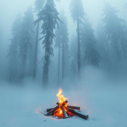 A serene winter forest landscape featuring tall, snow-covered trees, enveloped in a thick, mystical fog that creates an ethereal atmosphere
