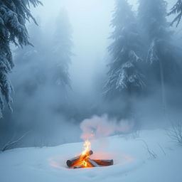 A serene winter forest landscape featuring tall, snow-covered trees, enveloped in a thick, mystical fog that creates an ethereal atmosphere