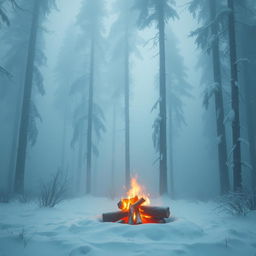 A serene winter forest landscape featuring tall, snow-covered trees, enveloped in a thick, mystical fog that creates an ethereal atmosphere