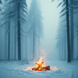 A serene winter forest landscape featuring tall, snow-covered trees, enveloped in a thick, mystical fog that creates an ethereal atmosphere