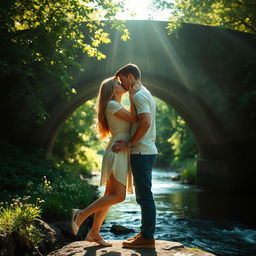 A romantic scene of a couple kissing passionately under a quaint stone bridge, surrounded by lush greenery