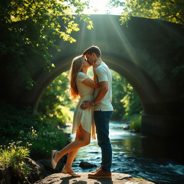 A romantic scene of a couple kissing passionately under a quaint stone bridge, surrounded by lush greenery