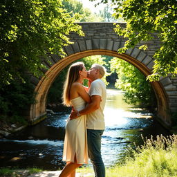 A romantic scene of a couple kissing passionately under a quaint stone bridge, surrounded by lush greenery