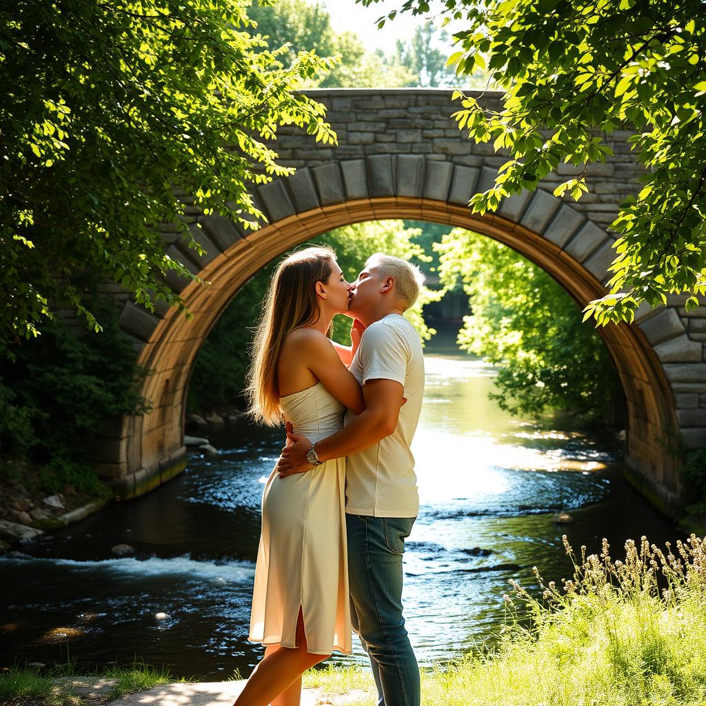 A romantic scene of a couple kissing passionately under a quaint stone bridge, surrounded by lush greenery