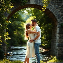 A romantic scene of a couple kissing passionately under a quaint stone bridge, surrounded by lush greenery