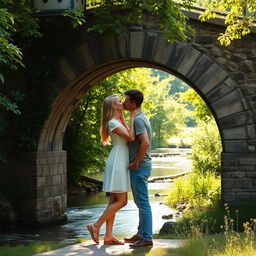 A romantic scene of a couple kissing passionately under a quaint stone bridge, surrounded by lush greenery