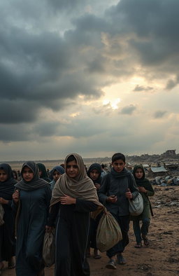 A somber scene depicting the harrowing journey of Syrian refugees escaping their war-torn homeland