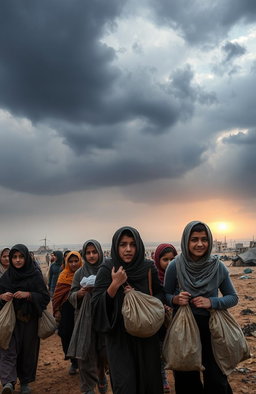 A somber scene depicting the harrowing journey of Syrian refugees escaping their war-torn homeland