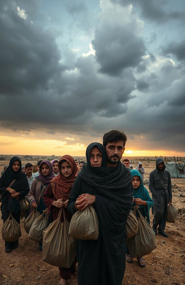 A somber scene depicting the harrowing journey of Syrian refugees escaping their war-torn homeland