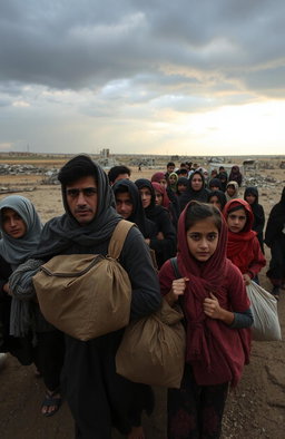 A somber scene depicting the harrowing journey of Syrian refugees escaping their war-torn homeland