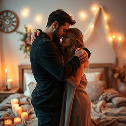 A romantic and intimate scene between two consenting adults in a softly lit bedroom, showcasing affection and tenderness, with an emphasis on connection and emotional closeness