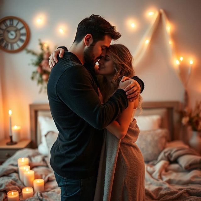 A romantic and intimate scene between two consenting adults in a softly lit bedroom, showcasing affection and tenderness, with an emphasis on connection and emotional closeness