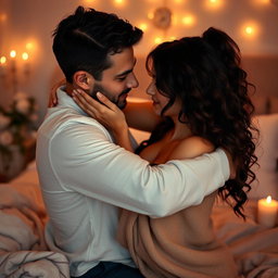 A romantic and intimate scene between two consenting adults in a softly lit bedroom, showcasing affection and tenderness, with an emphasis on connection and emotional closeness