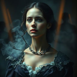 A dramatic depiction of an individual spiritually imprisoned in the body of a woman, showcasing a vivid contrast between the external beauty and internal struggle